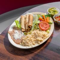 Taquito Plate · 3 taquitos served with rice, beans, guacamole, and side salad.