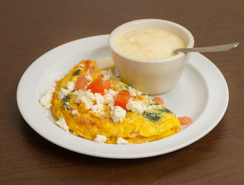 The Greek Omelette · Tomato, spinach, and Feta cheese.
