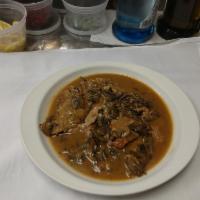 Vitello alla Marsala · Veal sauteed with mushrooms in a fine Marsala wine sauce. Served with potatoes and vegetables.