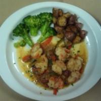 Shrimp Locullo · Sauteed shrimps with red onions, zucchini and fresh red pepper in white wine sauce. Served w...