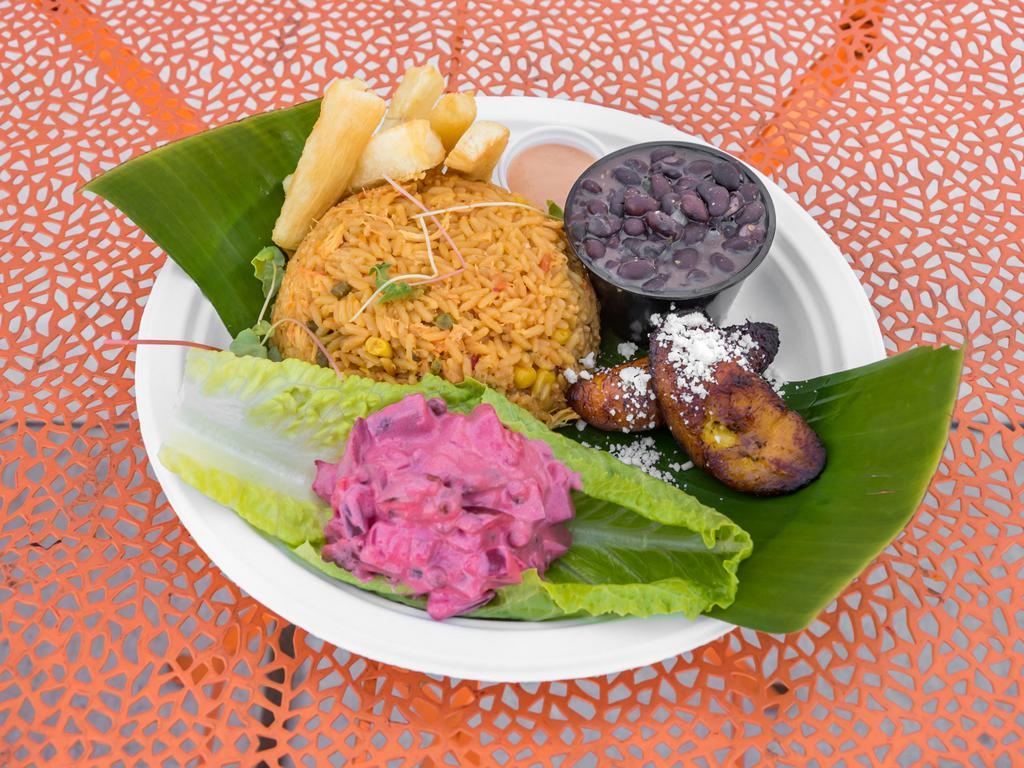 Bowl Arroz con Pollo · Traditional Costa Rican chicken rice. Served with seasoned black beans, yucca fries and sweet plantains.