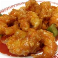 Sweet and Sour Prawns · Served with white rice.