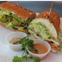 10. Veggie Sandwich · Avocado and cucumber. Cajun mayo, Yellow mustard, lettuce, tomato, red onion, and pickles. V...