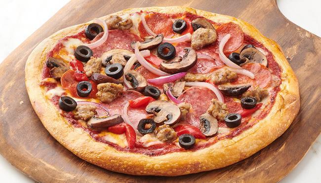 Indivl Combo Pizza · Italian Sausage, Pepperoni, Salami, shredded whole milk Mozzarella, Cheddar Cheese, black olives, Cremini mushrooms, red onion, red bell pepper, with sweet and savory pizza sauce.