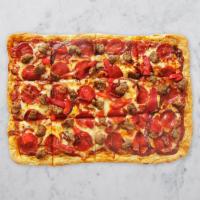 Sausage & Pepperoni · Italian Sausage, Pepperoni, roasted red pepper, caramelized onions, shredded whole milk Mozz...