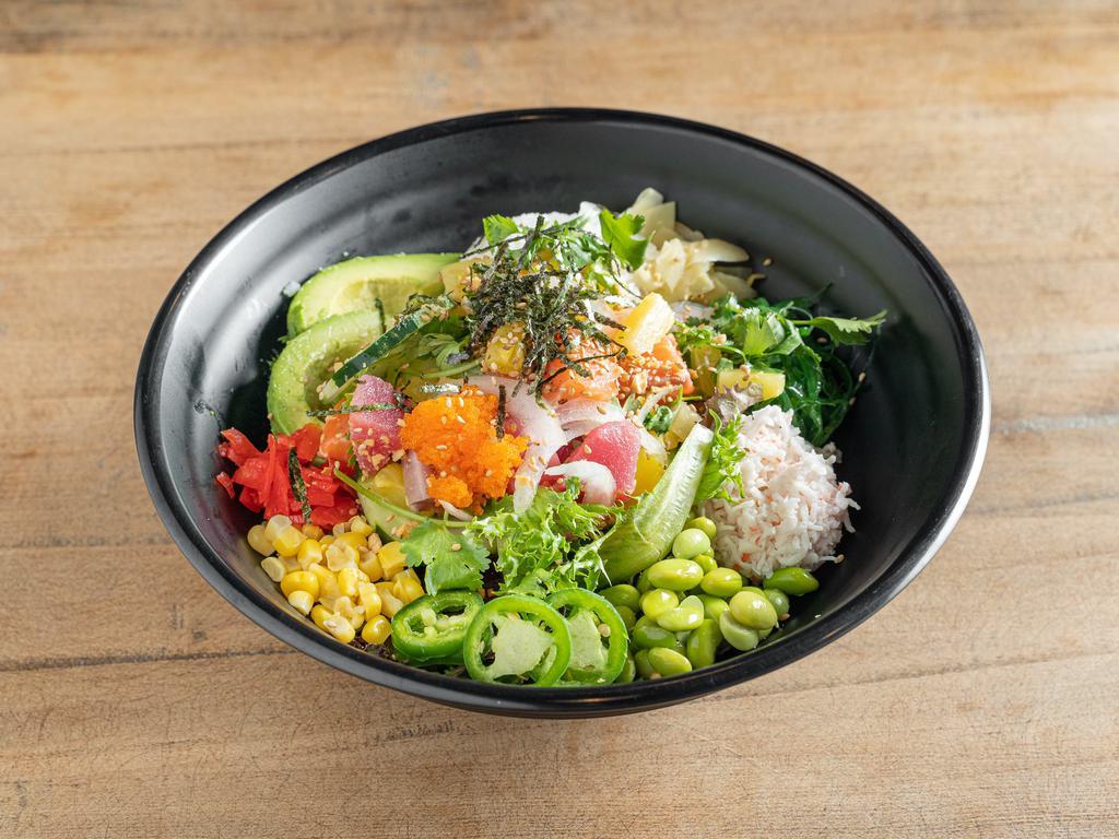 Large Poke Bowl · You will choose the base and then two sides as well as your proteins and mix-ins combined with the sauce you have chosen.  Then you will finish the bowl with your toppings.