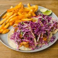 Crispy Fried Shrimp Tacos ·  3 fried shrimp tacos with cabbage, carrots, cilantro, chipotle aioli.