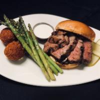 Prime Beef Filet Sandwich Lunch · Iowa beef filet cooked to order, served with cremini mushrooms, sauted onions, aged white ch...