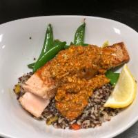 Grilled Salmon Augusta Lunch · Fresh hand-cut grilled salmon, topped with pecan pimento chimichurri and served with snap pe...