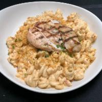 Range Chicken Mac · 3 cheese blend with trottole pasta, topped with toasted breadcrumbs and a grilled chicken br...