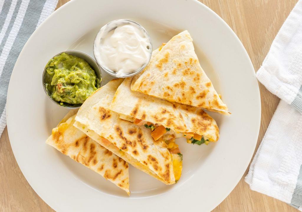 Quesadilla · Jack cheese, pico de gallo, sour cream, guacamole. Add steak, grilled chicken thighs for an additional charge.
