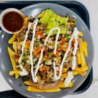 Asada Fries · French fries with steak and cheese with beans, sour cream and pico de gallo.