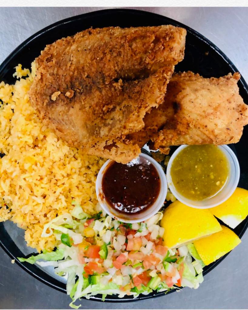 Fillet Fish Platter · 2 Fish Fillet, Rice and Bean, Tortillas,Mayo, Lettuce, Pico De Gallo, Salsa, and Lime.