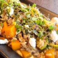 WINTER VEGETABLE RISOTTO (GF) · Roasted butternut squash, mushrooms, Brussels sprouts, goat cheese, herb oil. 

Gluten Free