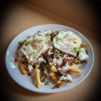 Biggie Fries · braised short rib, bacon, french fries, eggs, scallions, prosecco cheese sauce