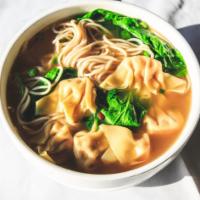 30. Wonton Noodle Soup · Seasoned broth with filled wonton dumplings.