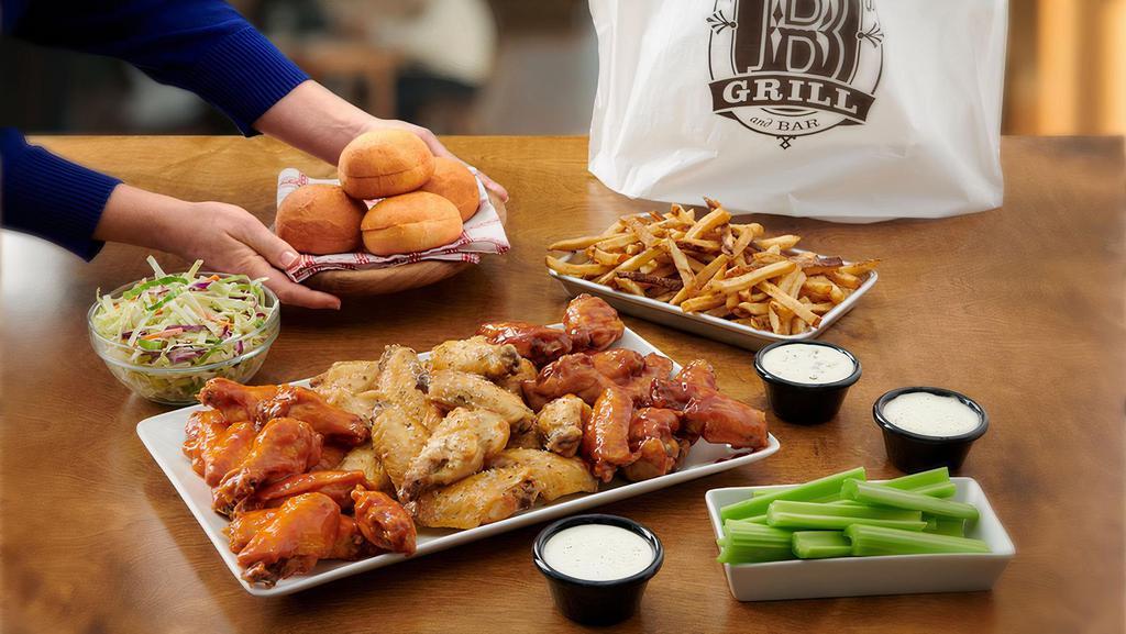 Family pack · 35 wings, 2 large sides, 4 rolls, 3 ranch or bleu cheese
