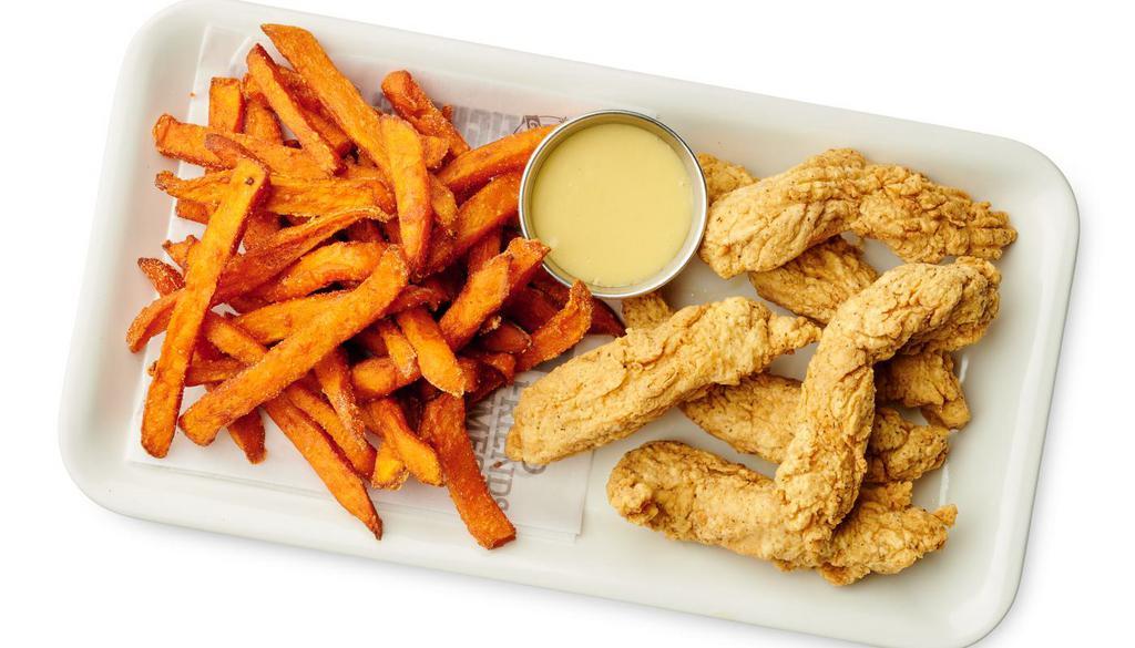 Hand Battered Chicken Fingers · Served with choice of side.