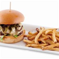 Spicy Poblano Pepper SMASH Burger · 2 Thinly Smashed Beef Patties topped with Pepperjack Cheese and Roasted Pobano Peppers.  Ser...