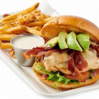 California Ranch Chicken Sandwich · Grilled chicken breast with bacon, Swiss cheese, fresh avocado and homemade ranch.
