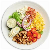 Chicken Cobb Salad · Grilled Chicken, Chopped Bacon, Jack and Cheddar Cheese, Bleu Cheese Crumbles, Cherry Tomato...