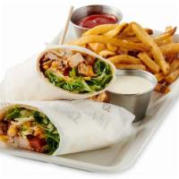 Grilled Chicken Wrap · Grilled chicken wrapped up with chopped lettuce, roma tomatoes and cheddar cheese. Comes wit...