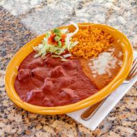 1. Carne con Chile Colorado · Tender cubed beef marinated in our home made red chile sauce.