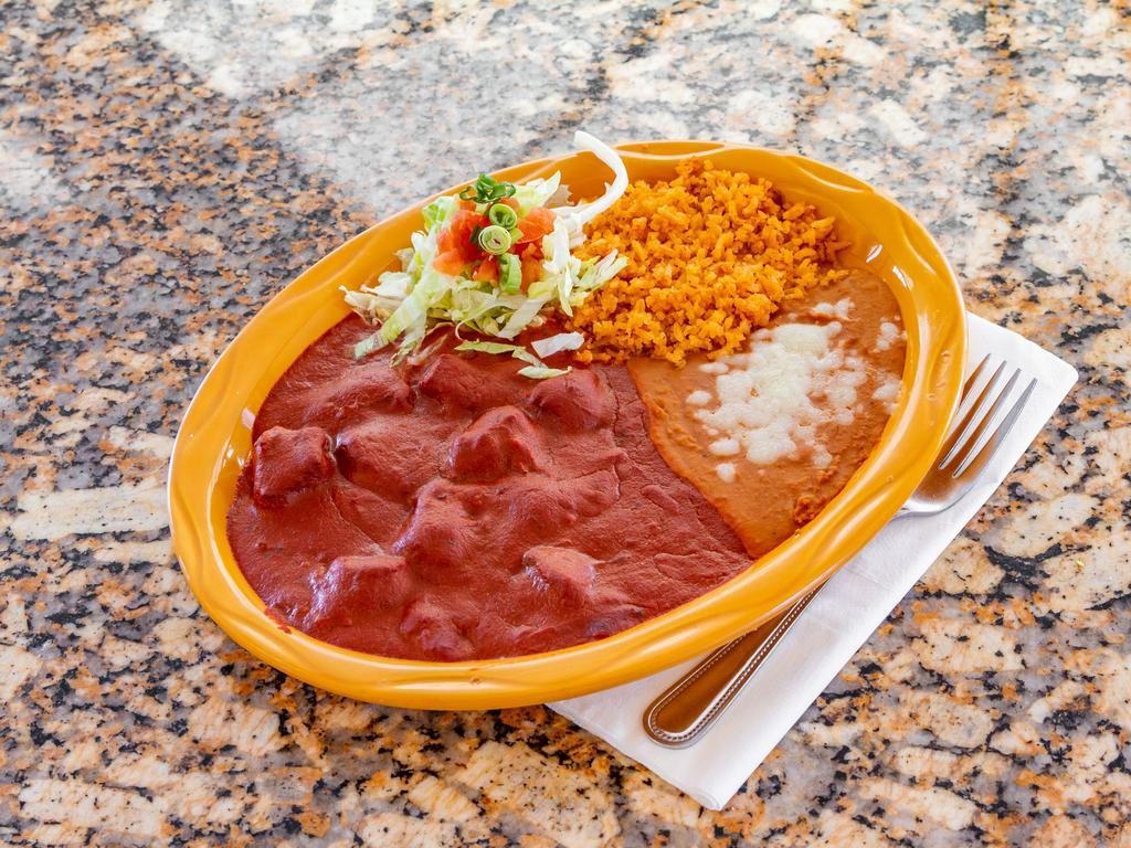 Wednesday Carne con Chile Colorado · Served with rice and beans.