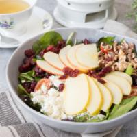 Apple Cranberry Walnut Salad · Red apple, green apple, toasted walnuts, dried cranberries, feta cheese, and grape tomato wi...