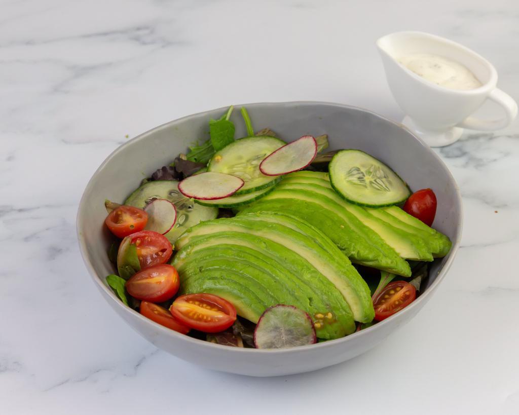Avocado Salad · Avocado, grape tomatoes, cucumbers and radish with Ginger Dressing