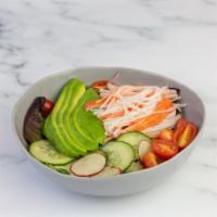 Crabmeat Salad · Crabmeat sticks, avocado, grape tomatoes, cucumbers and radish and ginger dressing