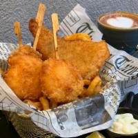 Cod-Shrimps and Chips · Fried cod (1pc), Fried Shrimp Lollipops (2pcs), twister fries, and tartar sauce