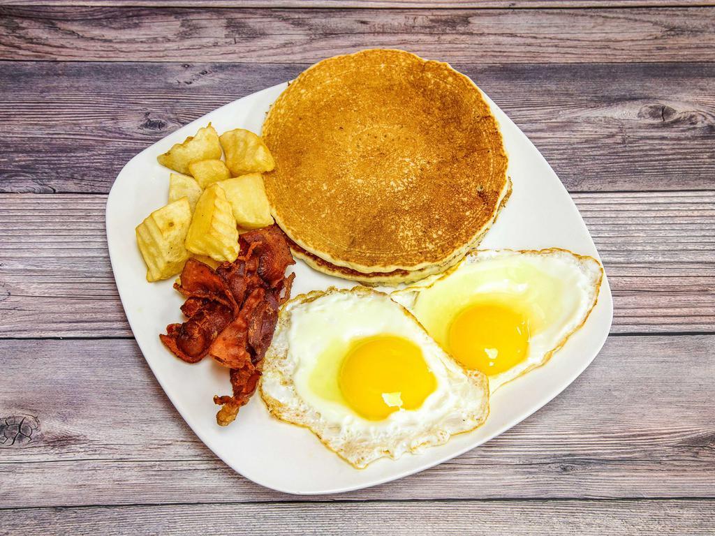 Pancakes · 2 pancakes, 2 eggs any style, potatoes, and bacon or sausage.
