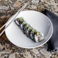 Steve Perry Roll · Grilled wagyu beef, cucumber, avocado, kizami, eel sauce, and scallions.