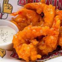 Blazing Shrimp · Deep fried shrimp dipped in mango habanero sauce and served with ranch dressing, sweet, yet ...