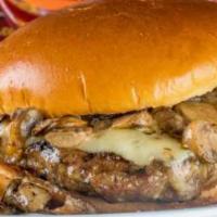 Mighty Mushroom Swiss Burger · 1/2 lb. beef patty topped with seasoned sauteed mushrooms, mayo and melted Swiss cheese.