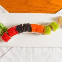 Tiger Roll · In: tuna, salmon, yellowtail and avocado. Top: multi-color tobiko.