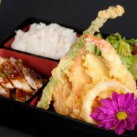 A. Chicken Teriyaki and Assorted Tempura · Served with garden salad, miso soup and rice.