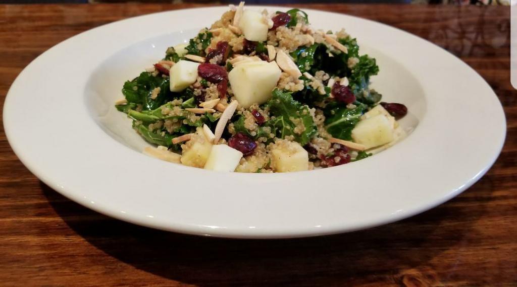 Quinoa and Kale Salad · Kale, quinoa, apples, radish, cranberries, almonds with balsamic vinegar dressing. Vegan and gluten-free.