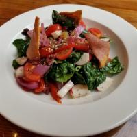 Fattoush · Spinach, roasted red pepper, cherry tomatoes, radish, Kalamata olives red onion, pita chips ...