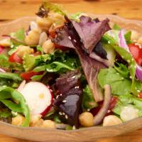 Maya Salad · Organic mixed greens with beets, cherry tomatoes, red onion, warm chickpeas and thin sliced ...