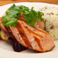 Fresh Grilled Salmon Platter · Majadra rice and grilled seasonal vegetables. Gluten-free.