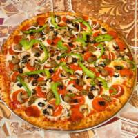 Deluxe Pizza · Pepperoni, sausage, mushrooms, bell peppers, black olives, onions and tomato sauce.