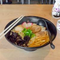 Tonkotsu Ramen · Pork and chicken broth base.
Toppings: roasted pork, boiled egg, kikurage mushrooms, bamboo ...