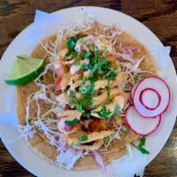 Shrimp Taco · Green cabbage, pico de Gallo, chipotle mayo and cilantro 