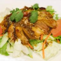 53. Thai BBQ Chicken Salad · Boneless Thai BBQ chicken, mixed greens, cucumber, carrots, onions, sesame ginger dressing