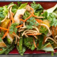 Chinese Chicken Salad · Grilled chicken, mixed greens, mandarin oranges, crispy noodles, shredded carrots, sesame gi...