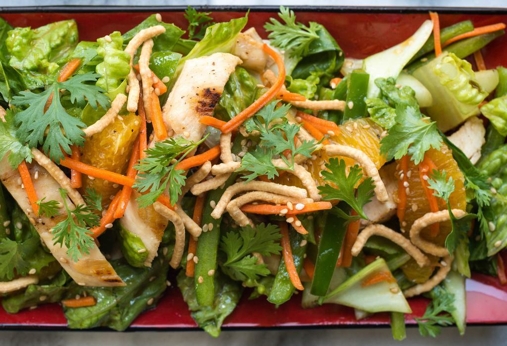 Chinese Chicken Salad · Grilled chicken, mixed greens, mandarin oranges, crispy noodles, shredded carrots, sesame ginger dressing