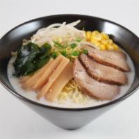 7. Tonkotsu Ramen · Pork slices, bamboo, been sprouts, seaweed, green onions, corn, sesame seeds, and ramen nood...