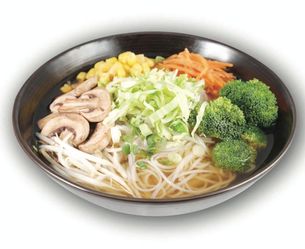Veggie Noodle Soup · Assorted vegetables and rice stick noodles in vegetable soup broth. Vegetarian.